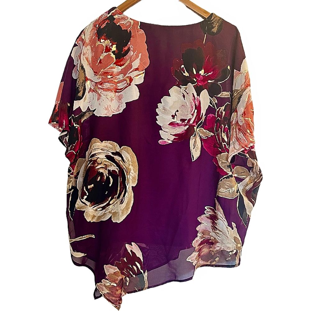 3 for $15 Roz & Ali Plus Size 1X Plum Floral Boho Asymetrical 2 layer Blouse - Picture 2 of 8